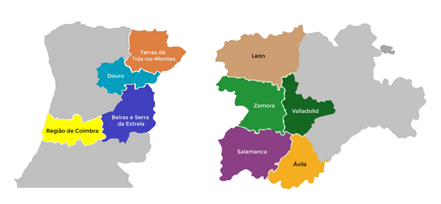 Mapa de las regiones de Portugal y Castilla y León donde se ha desarrollado el proyecto INBEC